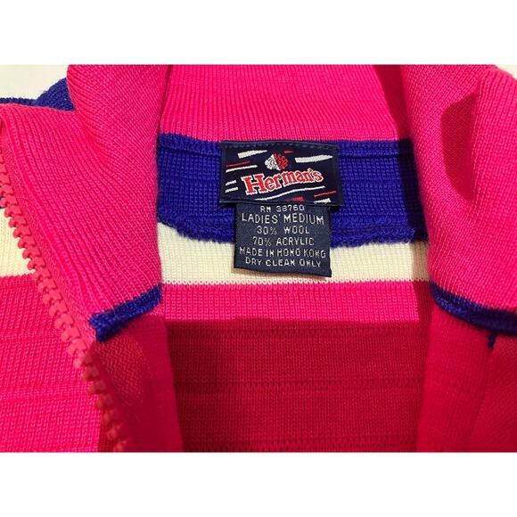 VTG 80's 1/4 Zip Herman's Ski Bunny Colorblock Wool Sweater Pink Womens Size M - Picture 2 of 9